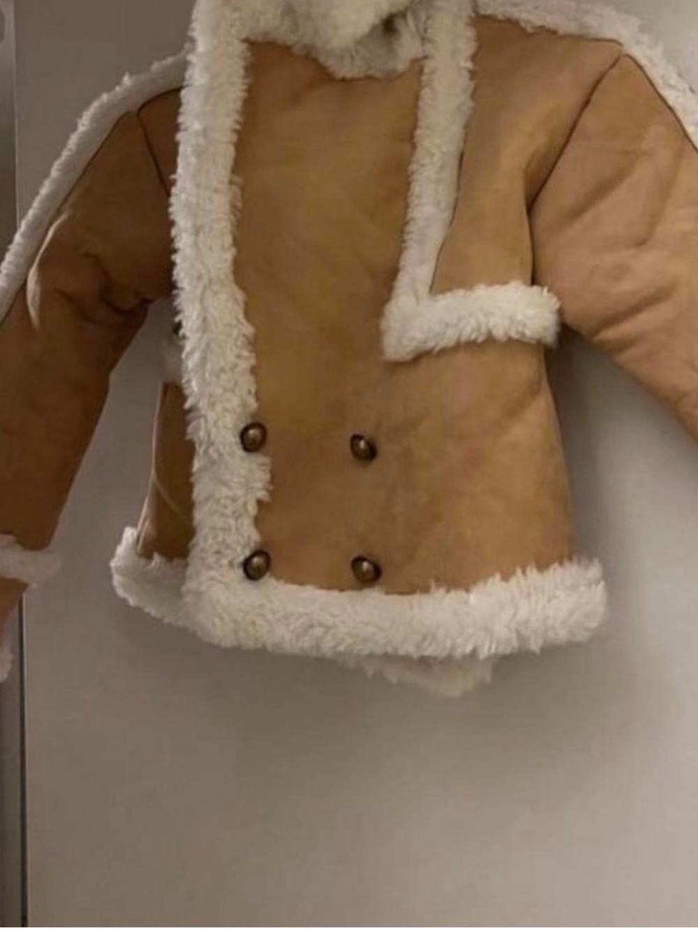 Tan Faux Shearling Coat with White Trim